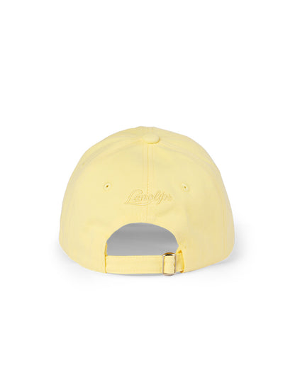 Lanolips Classic Drip Yellow Cap showcases a back view with an adjustable slider fastening, allowing you to easily customise the fit for most head sizes. The cap also features the iconic Lanolips logo on the back, adding a touch of brand flair to your style.