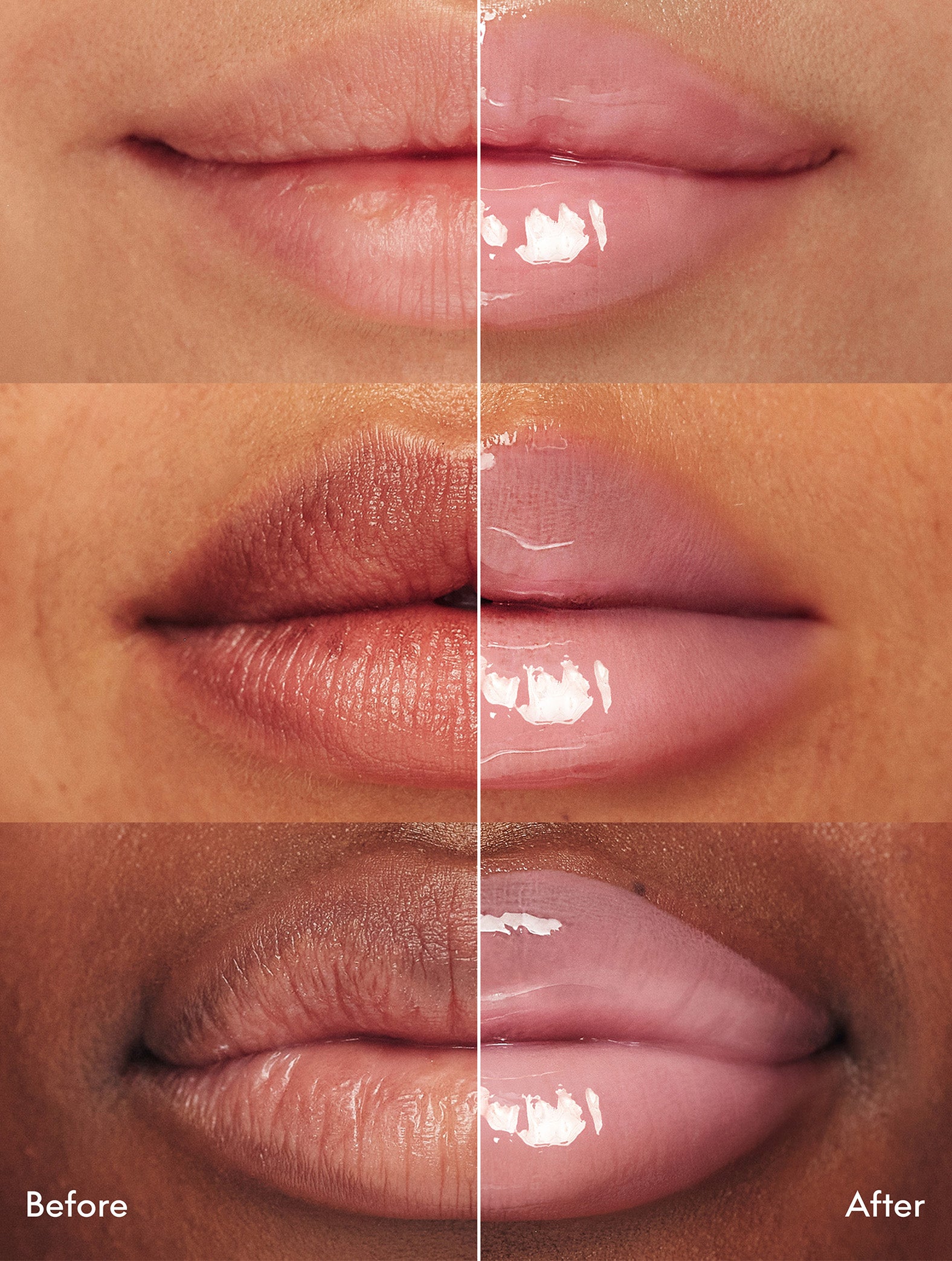 Before and after of lips on different skin tones wearing Strawberry Bubble Ceramide Milkshake Balm, showing hydrated, glossy lips with a sheer pink tint