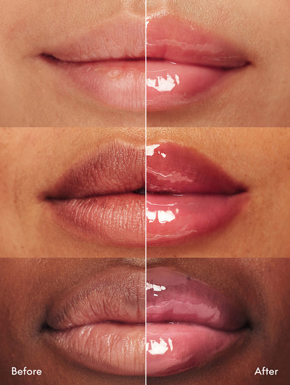 Before and after lips on different skin tones wearing Lanolips Milkshake Ceramide Balm in Raspberry Crumble, showing hydrated, glossy lips with a sheer creamy raspberry tint, made with 90% lanolin, ceramides and murumuru butter to strengthen the lip barrier