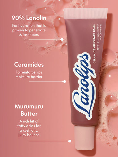 Lanolips Ceramide Milkshake Balm in Caramel Melt with ingredient callouts highlighting 90% lanolin, ceramides and murumuru butter for hydration and lip barrier support