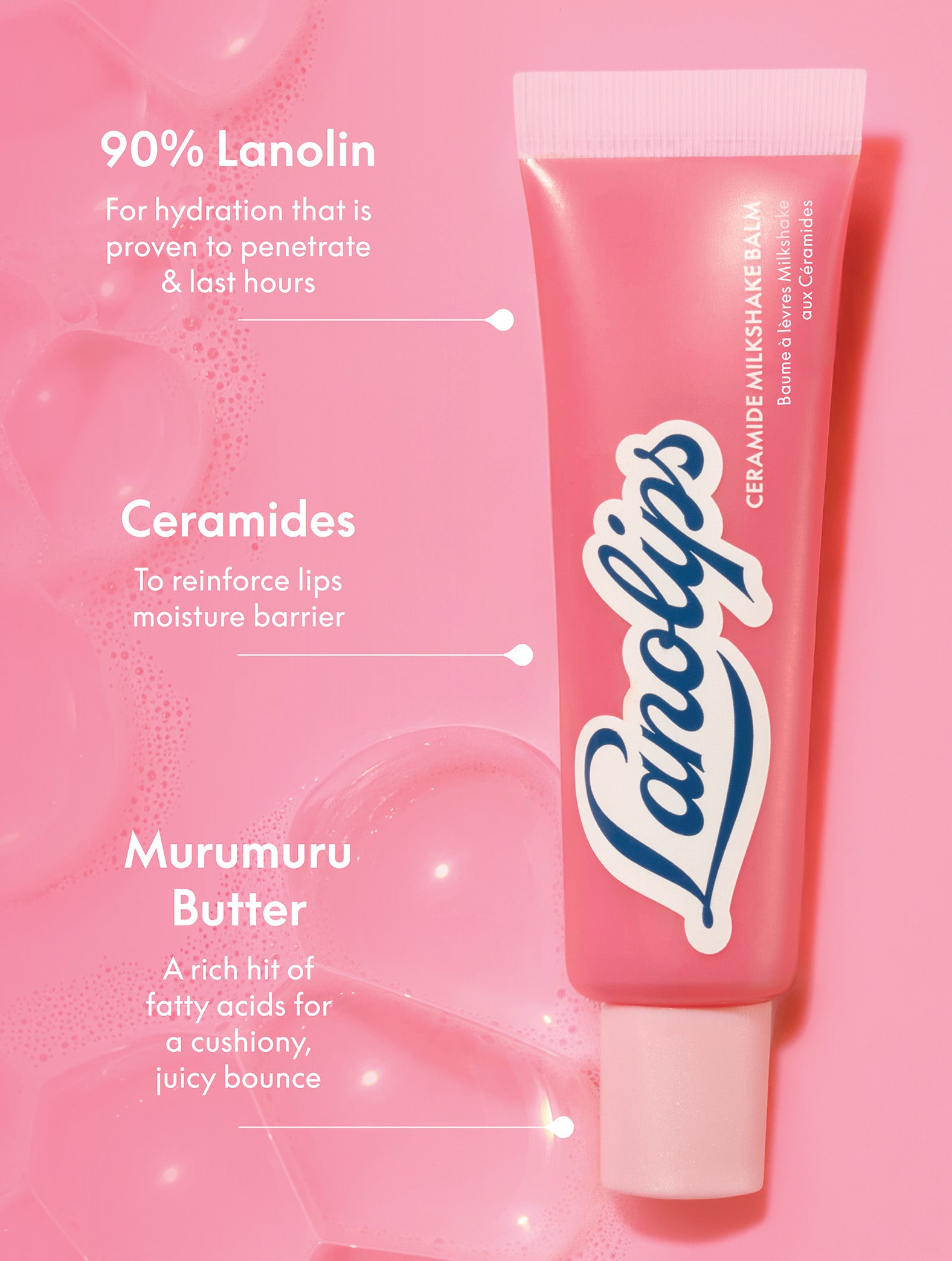 Infographic of the Lanolips Milkshake Ceramide in Strawberry Bubble, highlighting the main ingredients in the product - lanolin, ceramides and murumuru butter, and their benefits. 

