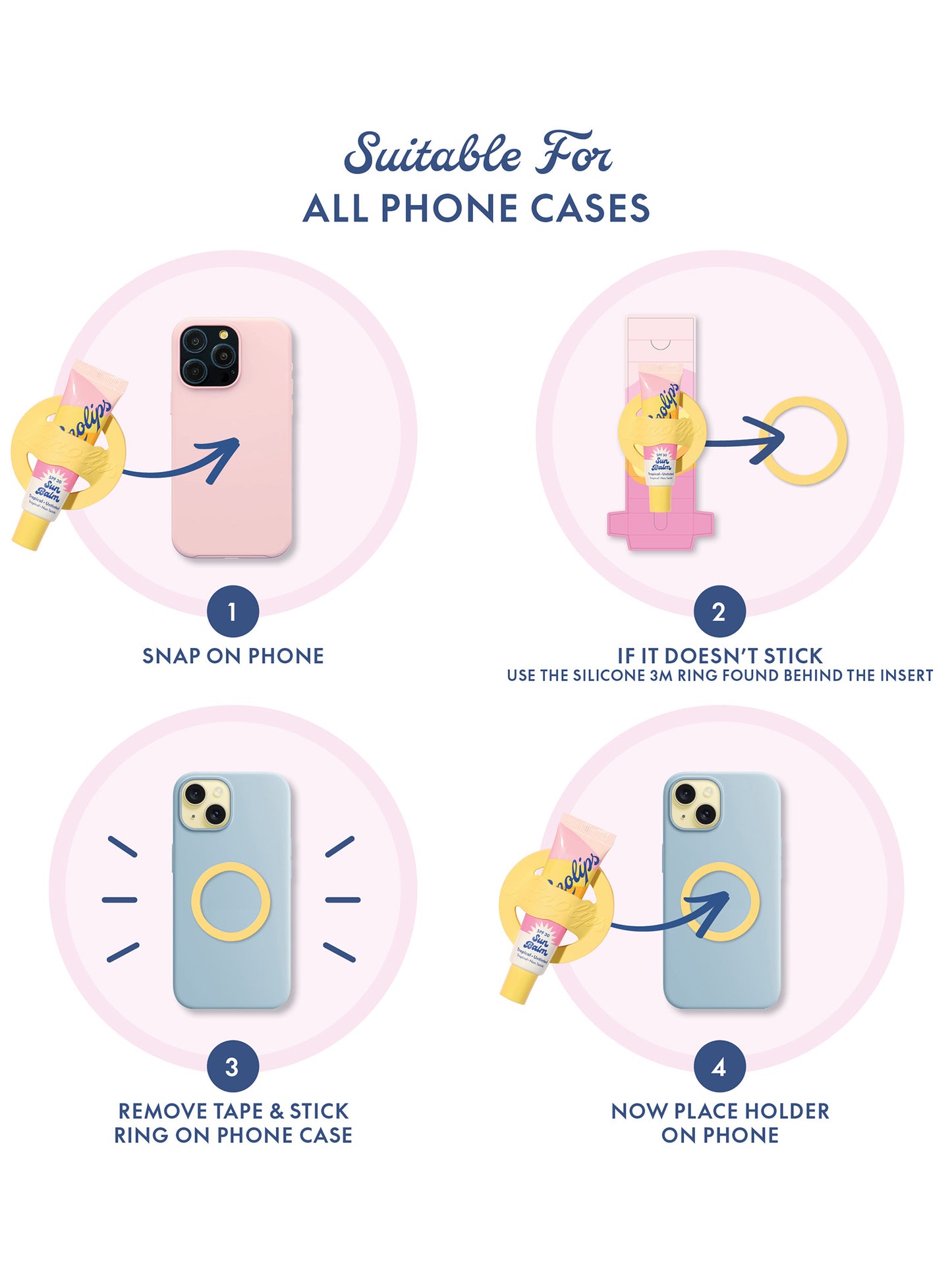 Instructions for using the lanolips phone  lip balm holder with illustrations and text on a white background