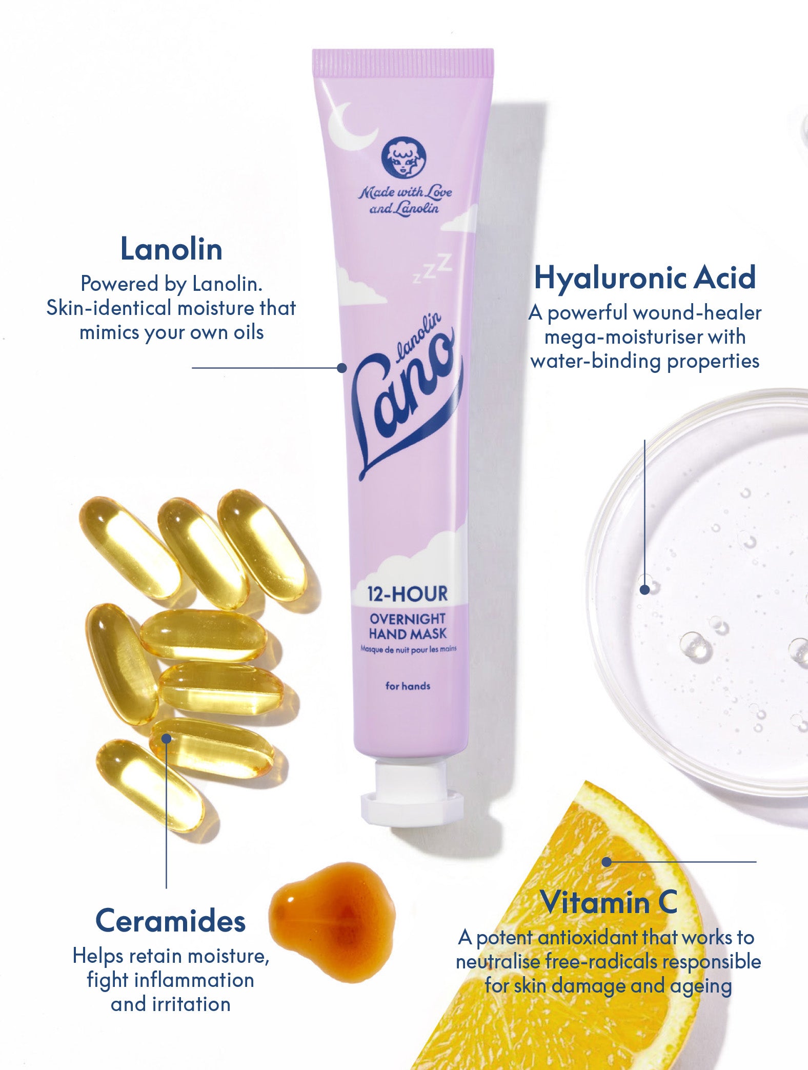 Lanolips 12 Hour Overnight Hand Mask with lanolin and hyaluronic acid, deeply moisturising treatment with ceramides and vitamin C