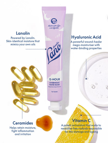 Lanolips 12 Hour Overnight Hand Mask with lanolin and hyaluronic acid, deeply moisturising treatment with ceramides and vitamin C