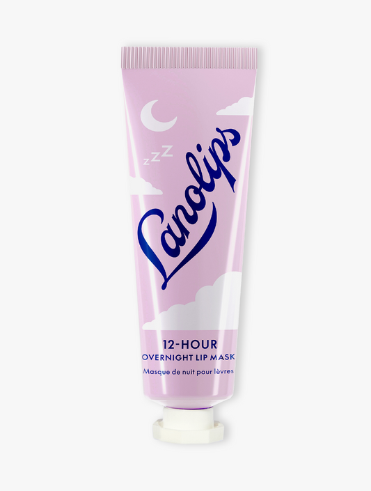 Product shot of the Lanolips 12 Hour Overnight Lip Mask, featuring the closed tube. An intensive blend of hydrating ultra-pure lanolin and powerhouse mega-actives. For Better Morning Lips.
