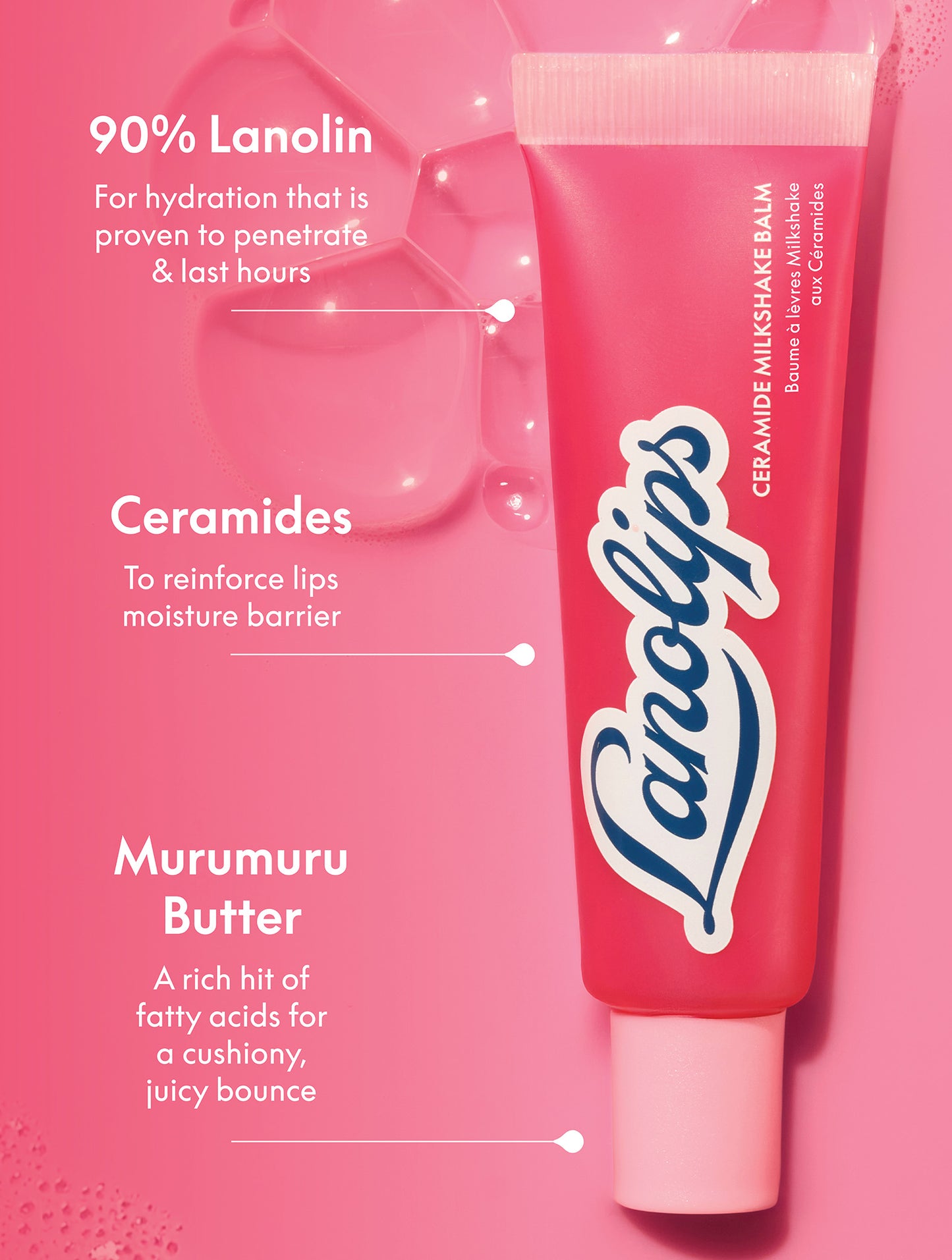 Lanolips Milkshake Ceramide Balm in Raspberry Crumble with ingredient callouts highlighting 90% lanolin, ceramides and murumuru butter for hydration and lip barrier support