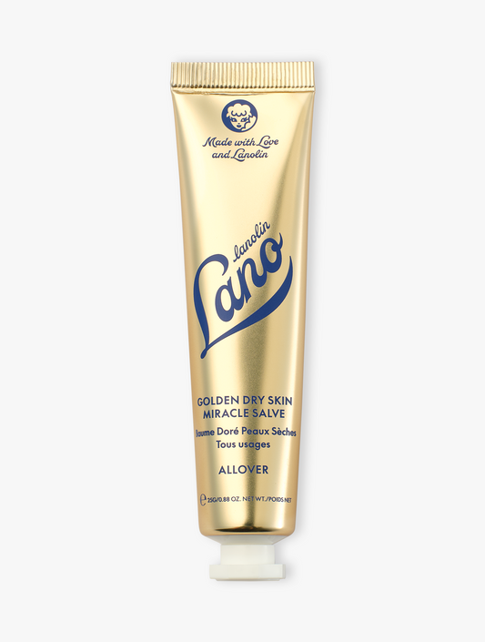 Product Shot of Lanolips Golden Dry Skin Miracle Salve 25g closed tube with a white cap. An ultra-hydrating, multi-purpose formula designed to deeply nourish and repair very dry skin, hands, and rough patches.