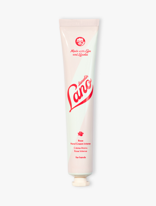 Product Shot Of Lanolips Rose Hand Cream Intense Closed Tube. Rose Hand Cream Intense with triple lanolin and rose oil, transforms very dry hands & nails to super soft, hydrated hands & nails.