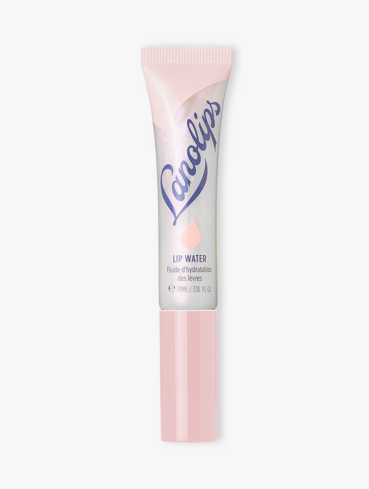 Product shot of the Lanolips Lip Water Watermelon, featuring the closed tube. With liquid lanolin, hyaluronic acid, glycerin & peppermint. Lip Water is non-sticky, leaving your lips glistening and soft.