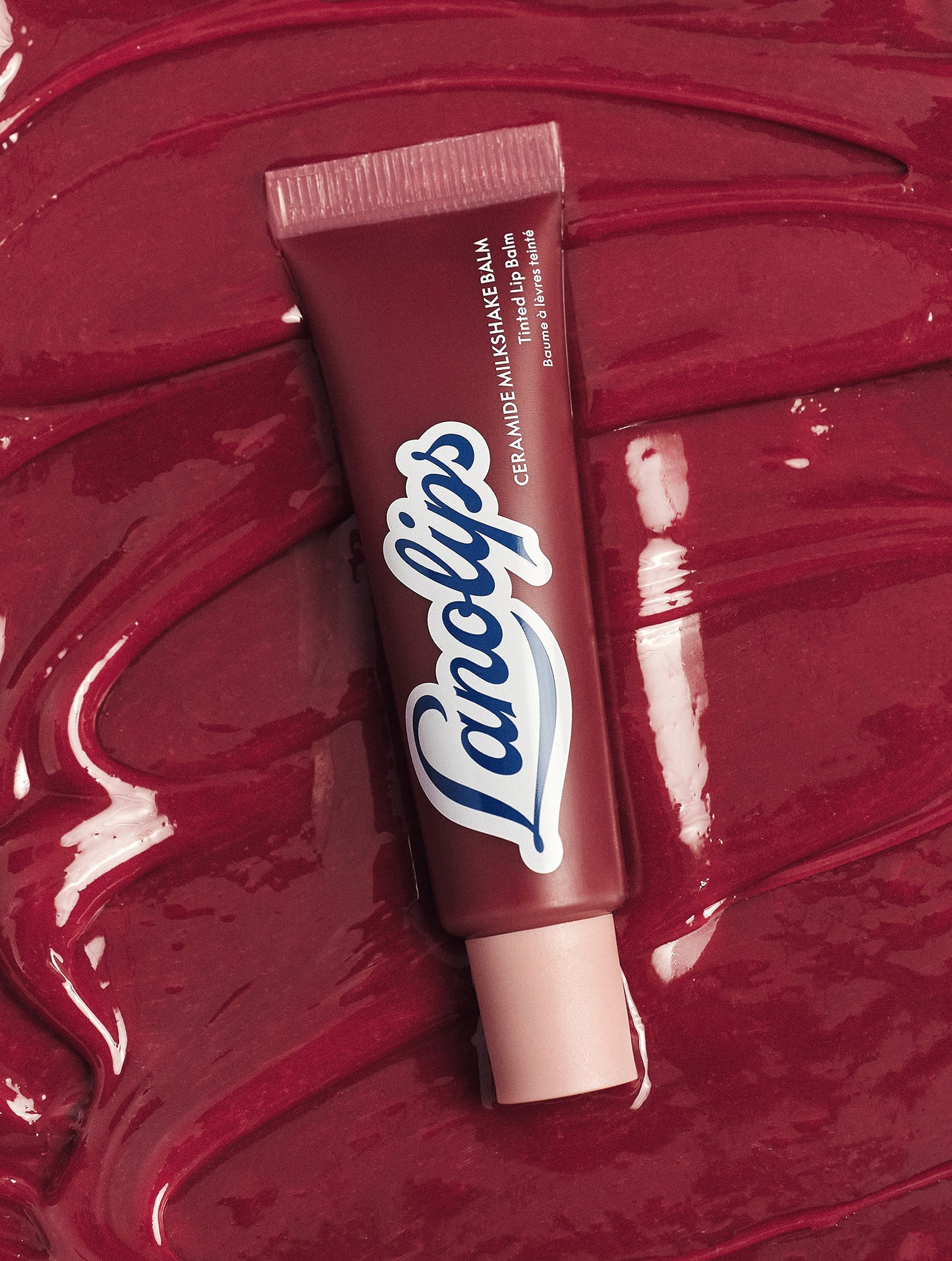 Lanolips Ceramide Milkshake Balm Mocha Choca shade on glossy texture, nourishing tinted lip balm with lanolin ,ceramides and murumuru butter