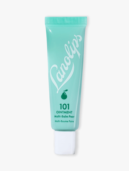 Product shot of Lanolips 101 Ointment Multi Balm Pear tube with mint green and white design on a white background. 