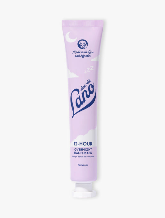 Product shot of Lanolips 12 Hour Overnight Hand Mask. Made with rich lanolin, hyaluronic acid, ceramides and vitamin c to replenish dry hands while you sleep. 